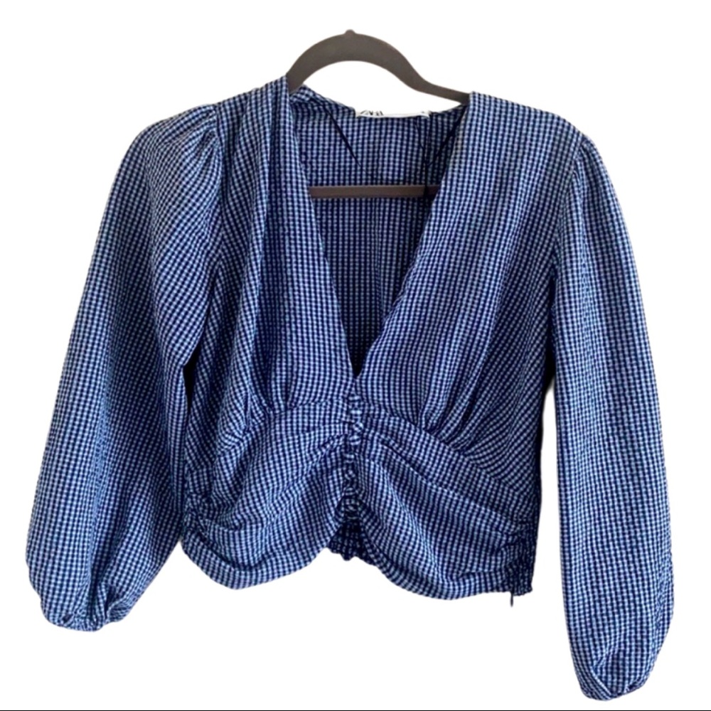 ZARA Gingham Scrunch Blouse